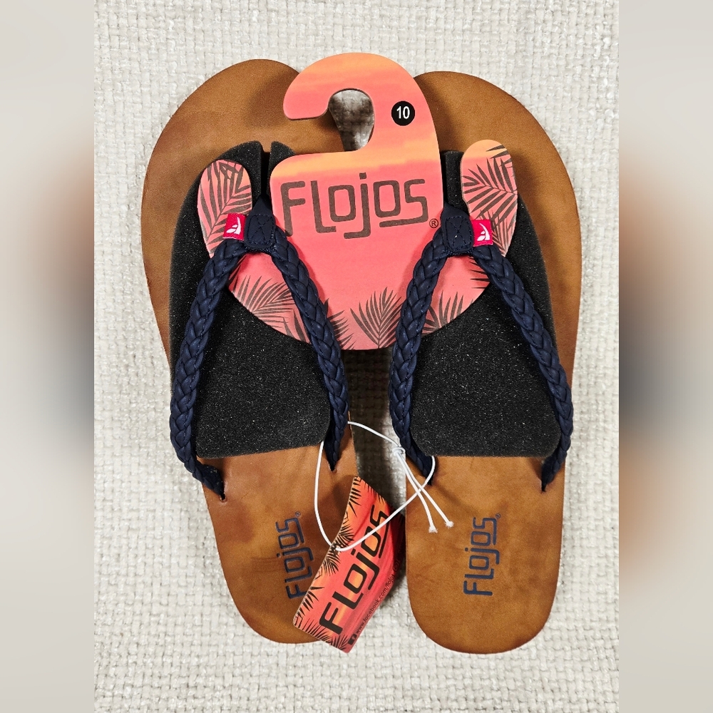 Flojos Brown Tan Sandals with Navy Braided Straps